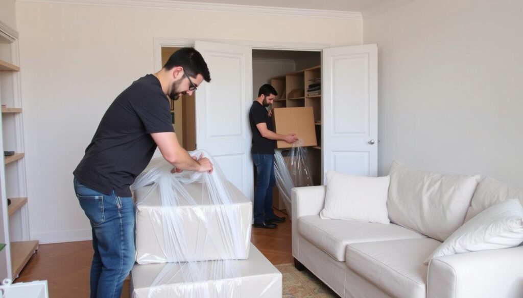 Professionelles Umzugsteam beim sorgfältigen Verpacken von Gegenständen in Wien 1130